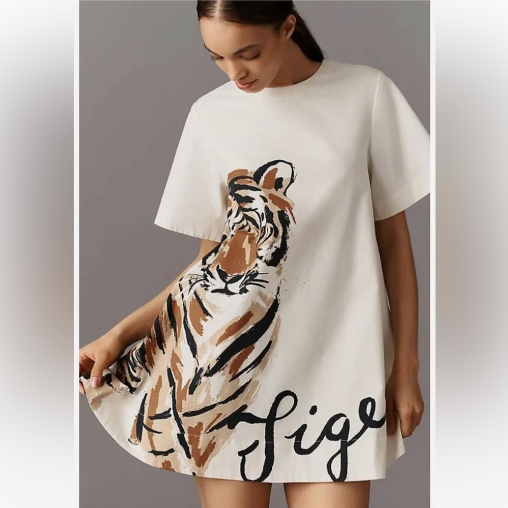 Anthropologie Maeve Emmy Short Sleeve Swing Mini Dress Size XL Brown Tiger Cream